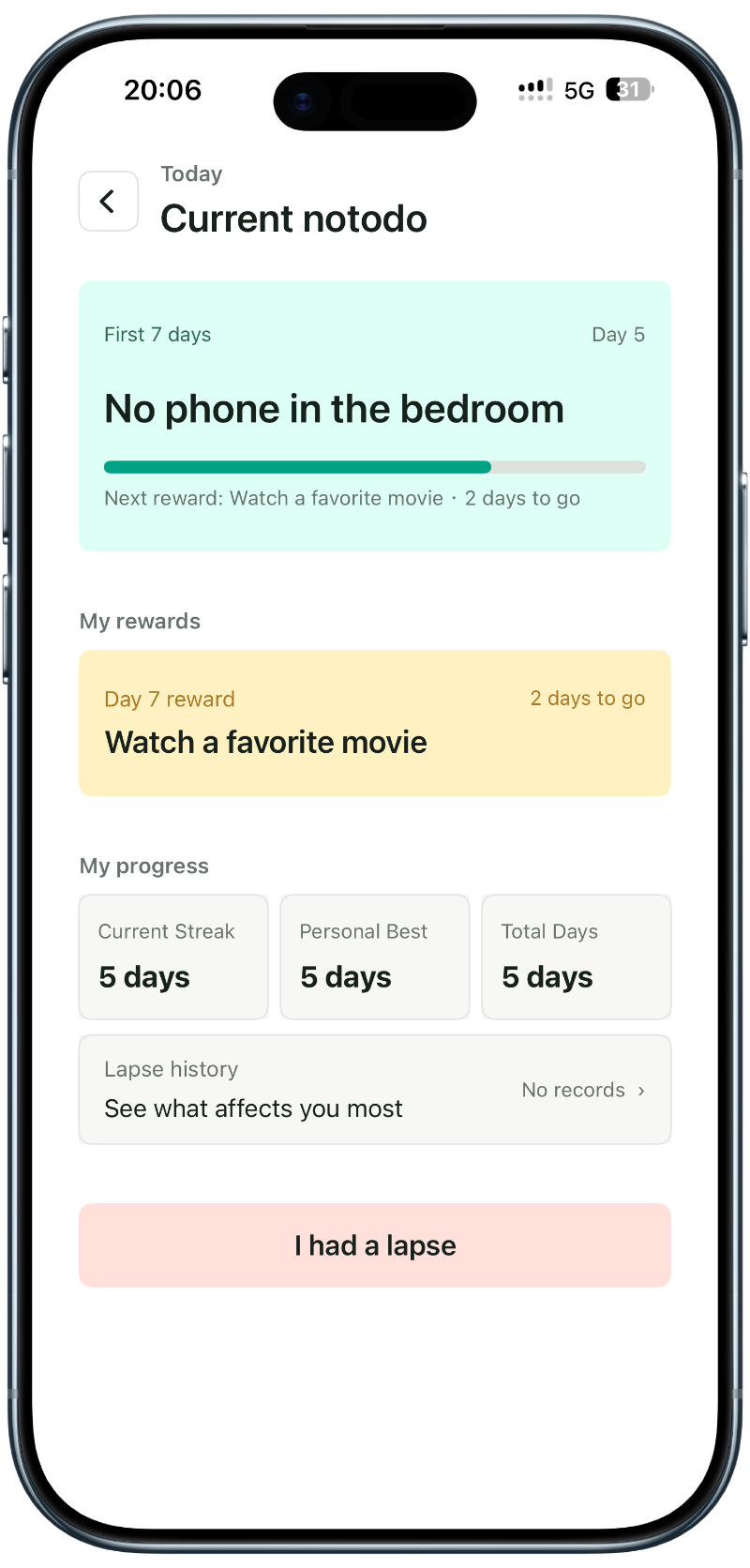notodo 7-day milestone screen