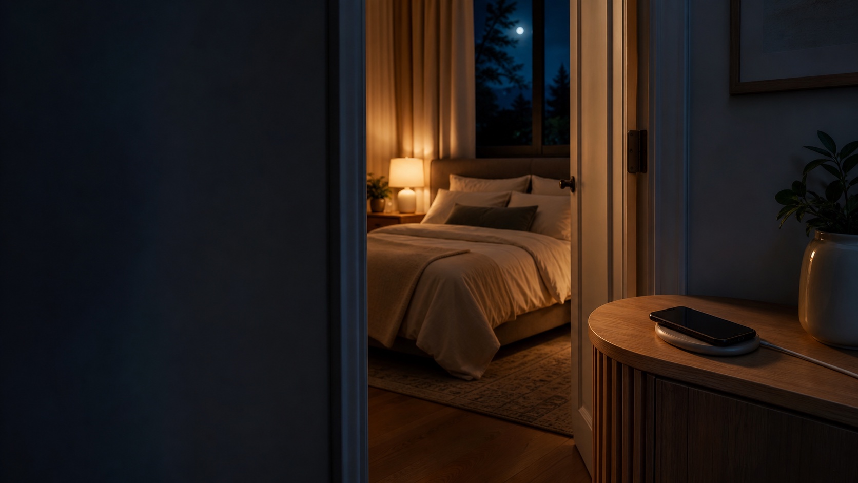 A phone charging outside a warm, quiet bedroom at night